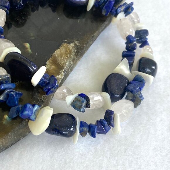 Sterling Silver 925 Sodalite Quartz MOP Blue Goldstone Beaded Necklace 17.5" - Picture 2 of 16